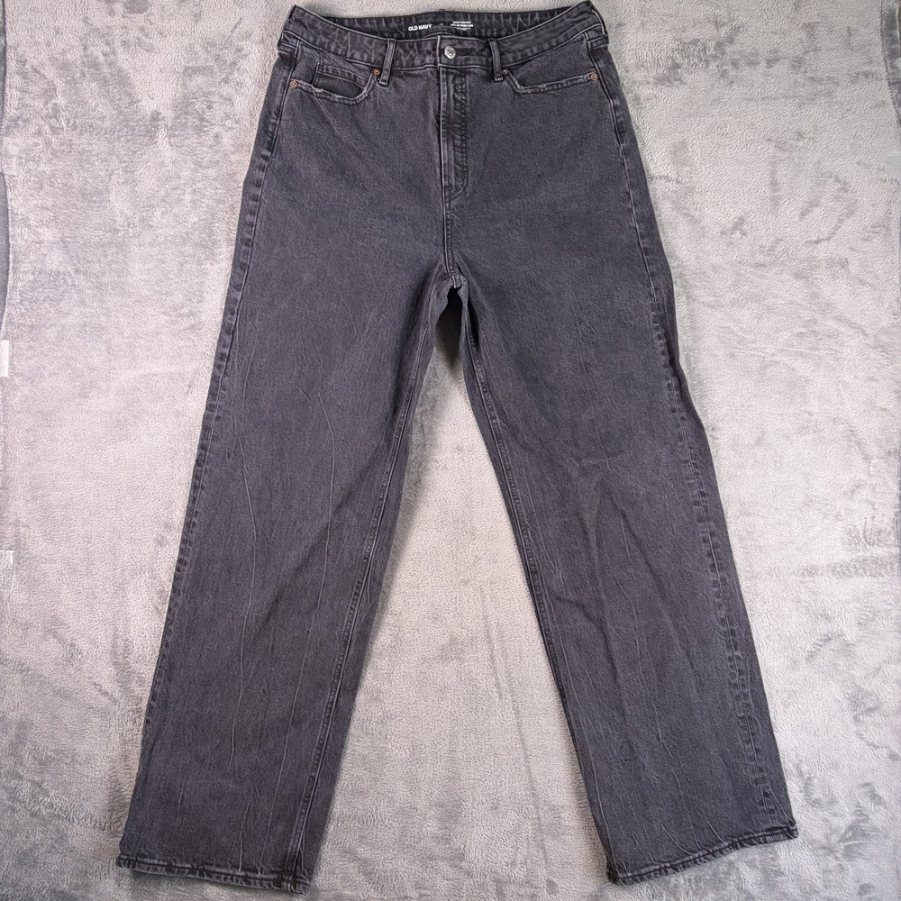 Old Navy Sky-Hi Wide Leg Jeans Woman 14 Tall Black Stretch Denim Baggy High Rise